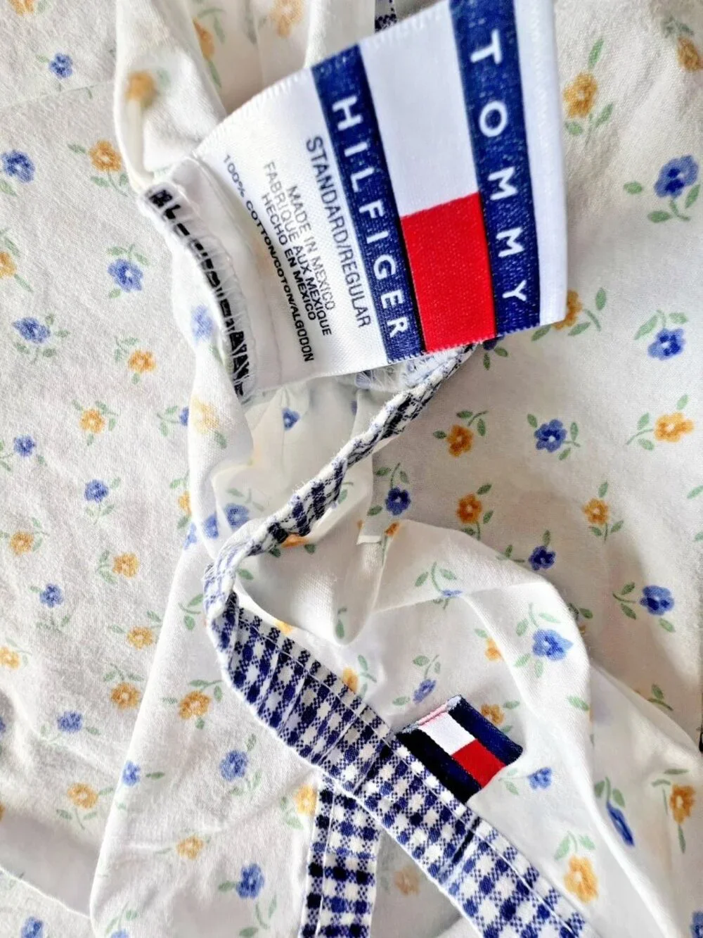 Tommy Hilfiger STANDARD Pillowcase Pair FLORAL Blue Yellow Gingham 100% Cotton